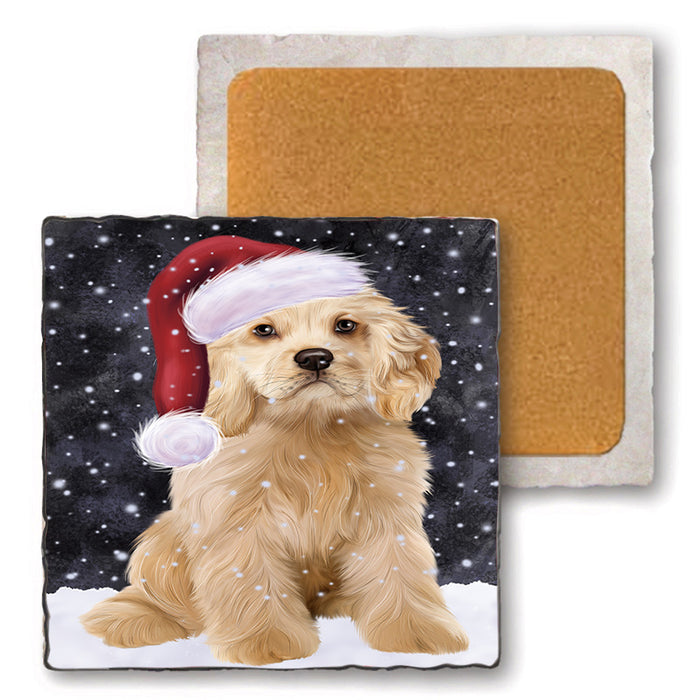 Let it Snow Christmas Holiday Cocker Spaniel Dog Wearing Santa Hat Set of 4 Natural Stone Marble Tile Coasters MCST49293