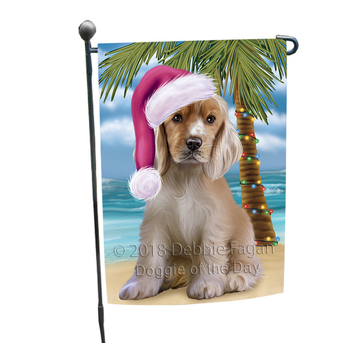 Summertime Happy Holidays Christmas Cocker Spaniel Dog on Tropical Island Beach Garden Flag GFLG54615