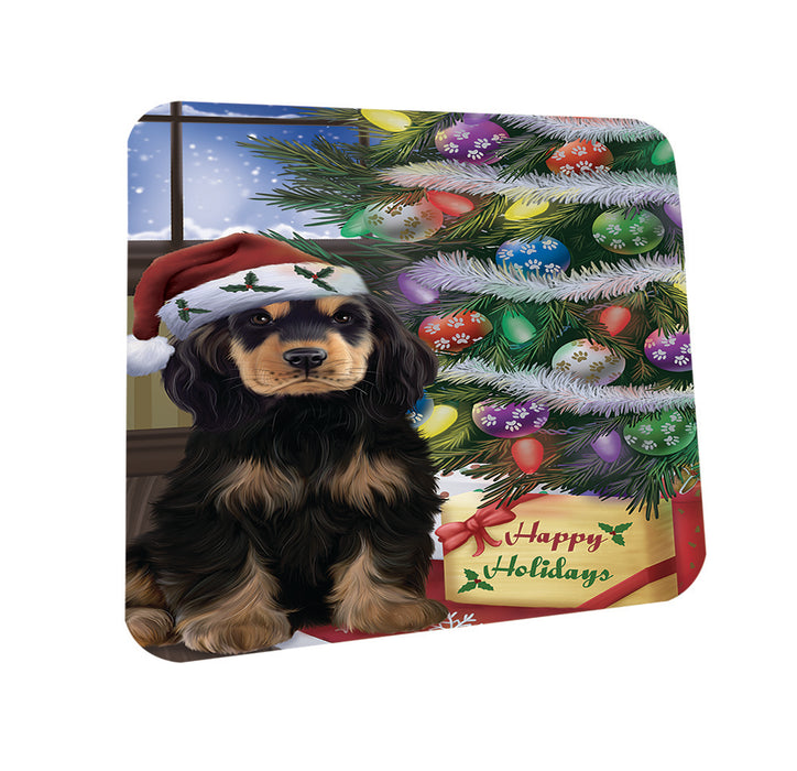 Christmas Happy Holidays Cocker Spaniel Dog with Tree and Presents Coasters Set of 4 CST53412