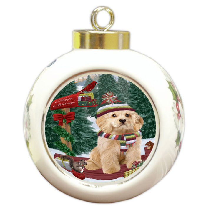 Merry Christmas Woodland Sled Cocker Spaniel Dog Round Ball Christmas Ornament RBPOR55268