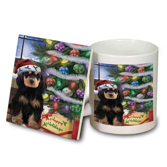 Christmas Happy Holidays Cocker Spaniel Dog with Tree and Presents Mug and Coaster Set MUC53446