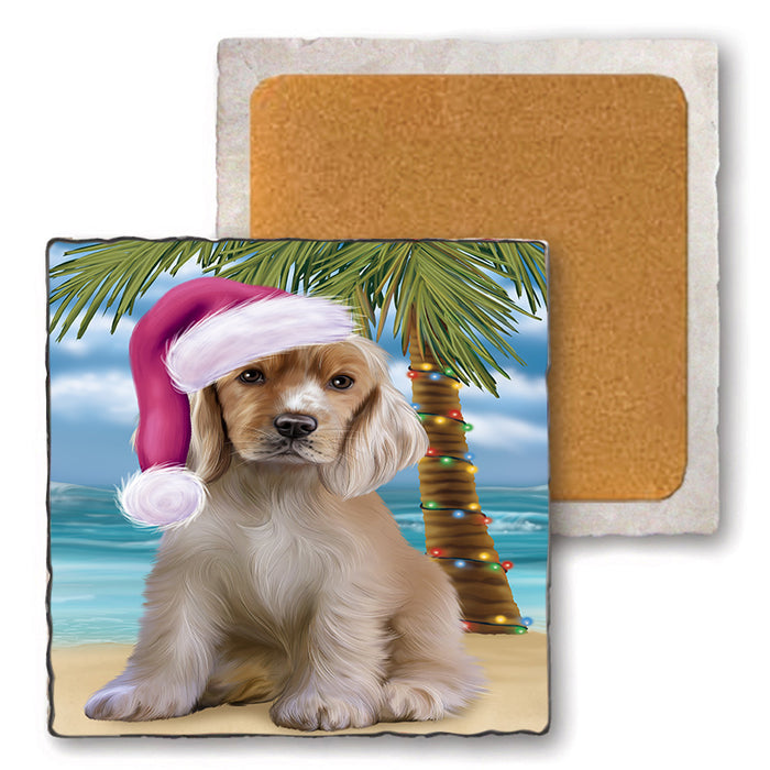 Summertime Happy Holidays Christmas Cocker Spaniel Dog on Tropical Island Beach Set of 4 Natural Stone Marble Tile Coasters MCST49425