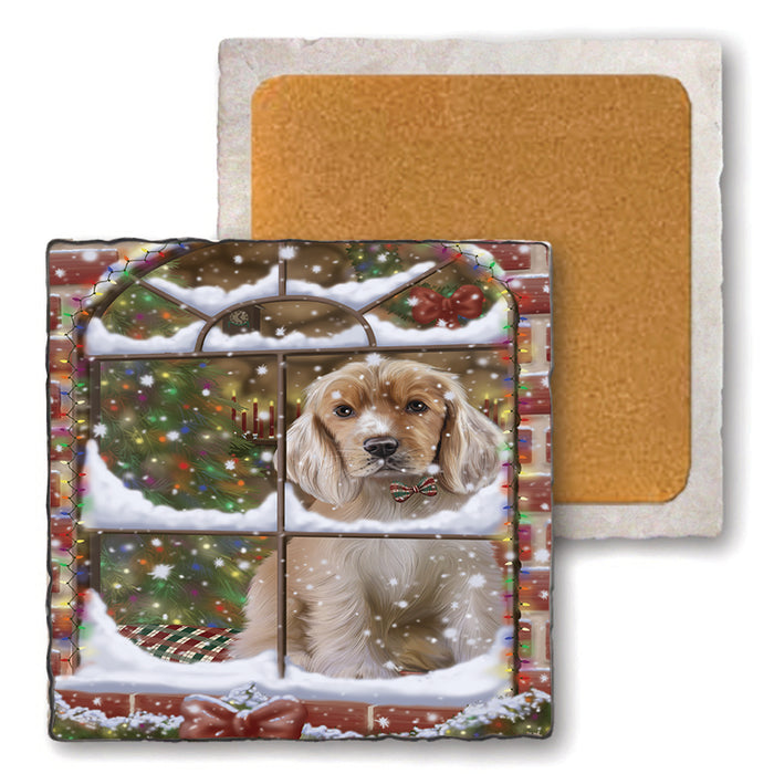 Please Come Home For Christmas Cocker Spaniel Dog Sitting In Window Set of 4 Natural Stone Marble Tile Coasters MCST48627