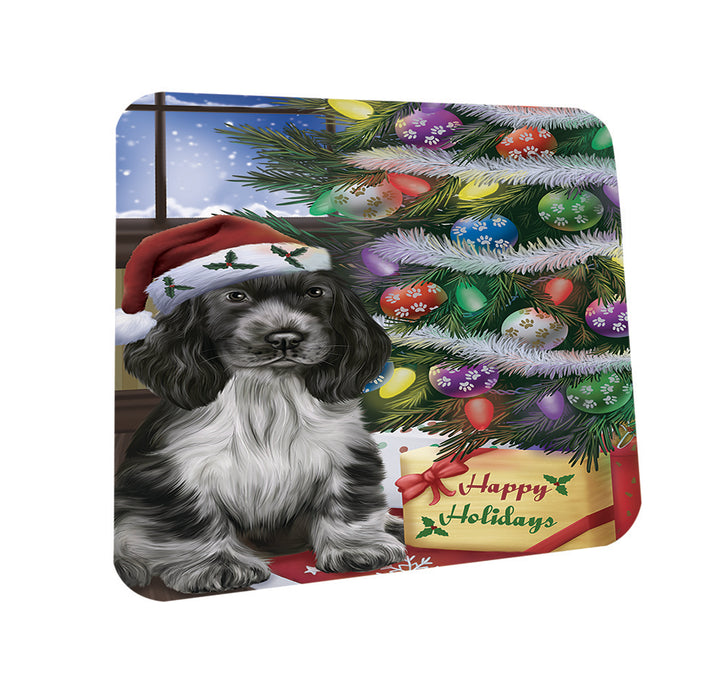 Christmas Happy Holidays Cocker Spaniel Dog with Tree and Presents Coasters Set of 4 CST53413