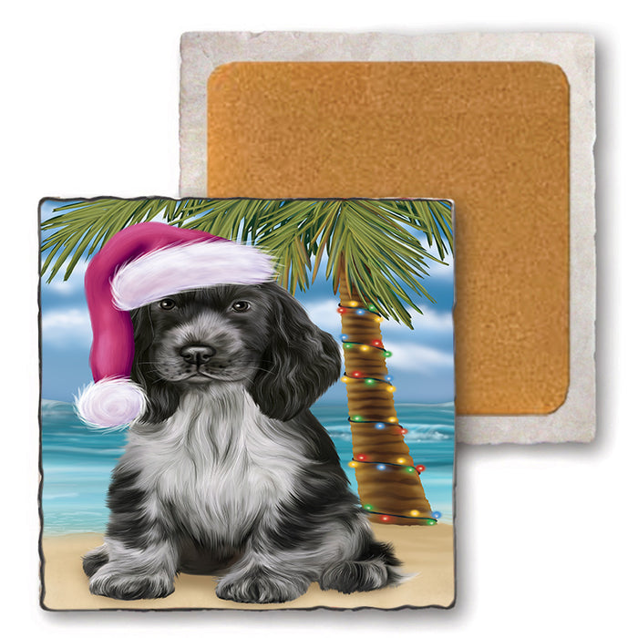 Summertime Happy Holidays Christmas Cocker Spaniel Dog on Tropical Island Beach Set of 4 Natural Stone Marble Tile Coasters MCST49426
