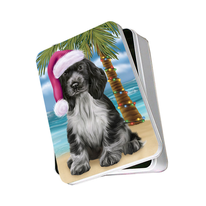 Summertime Happy Holidays Christmas Cocker Spaniel Dog on Tropical Island Beach Photo Storage Tin PITN54369
