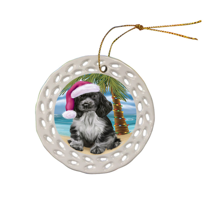 Summertime Happy Holidays Christmas Cocker Spaniel Dog on Tropical Island Beach Ceramic Doily Ornament DPOR54554