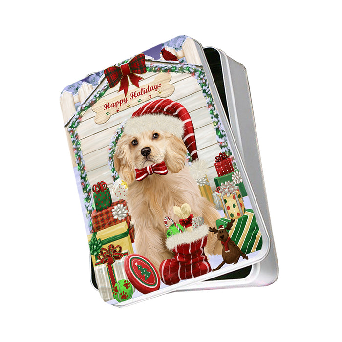 Happy Holidays Christmas Cocker Spaniel Dog With Presents Photo Storage Tin PITN52653