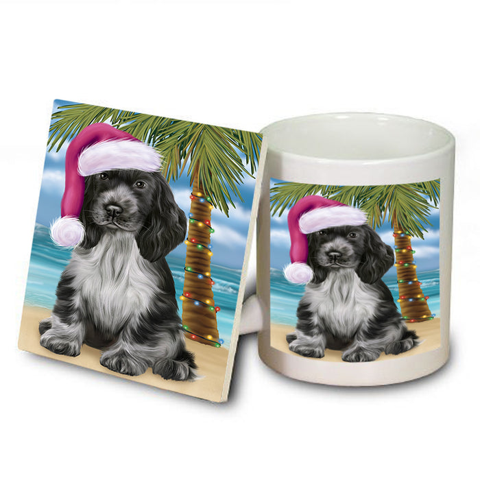 Summertime Happy Holidays Christmas Cocker Spaniel Dog on Tropical Island Beach Mug and Coaster Set MUC54418
