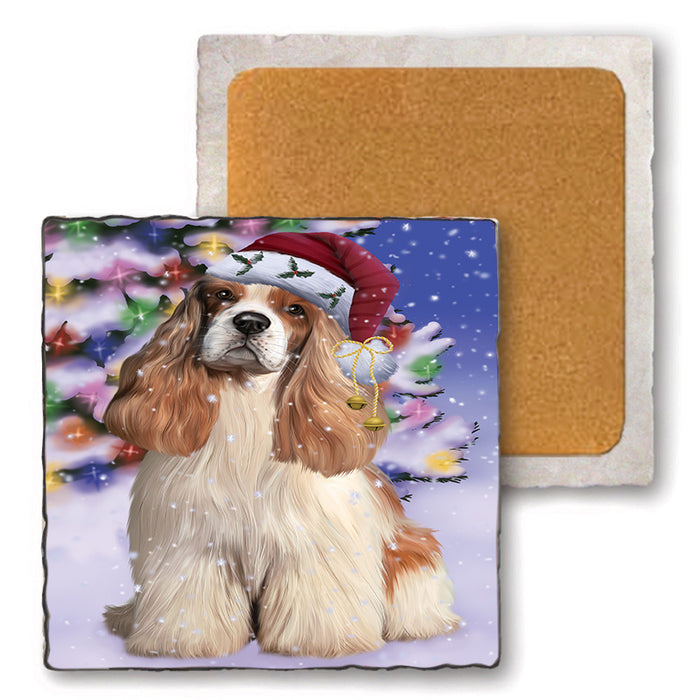 Winterland Wonderland Cocker Spaniel Dog In Christmas Holiday Scenic Background Set of 4 Natural Stone Marble Tile Coasters MCST48749