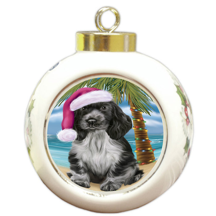 Summertime Happy Holidays Christmas Cocker Spaniel Dog on Tropical Island Beach Round Ball Christmas Ornament RBPOR54554