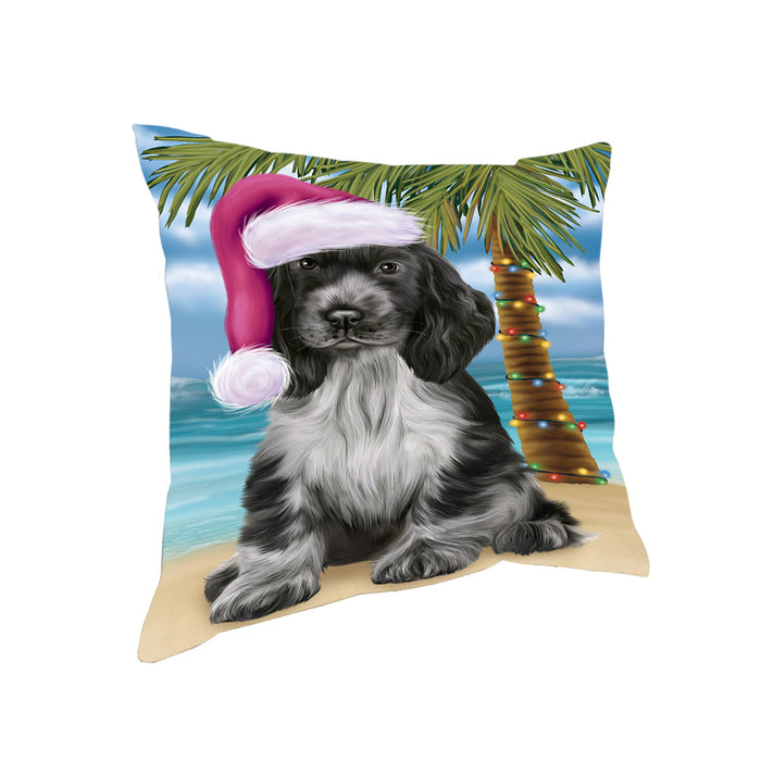 Summertime Happy Holidays Christmas Cocker Spaniel Dog on Tropical Island Beach Pillow PIL74840