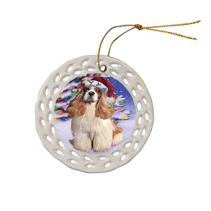 Winterland Wonderland Cocker Spaniel Dog In Christmas Holiday Scenic Background Ceramic Doily Ornament DPOR53749