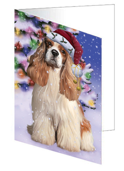 Winterland Wonderland Cocker Spaniel Dog In Christmas Holiday Scenic Background Handmade Artwork Assorted Pets Greeting Cards and Note Cards with Envelopes for All Occasions and Holiday Seasons GCD65276