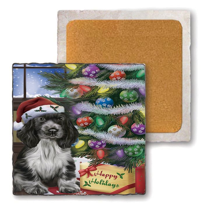 Christmas Happy Holidays Cocker Spaniel Dog with Tree and Presents Set of 4 Natural Stone Marble Tile Coasters MCST48455