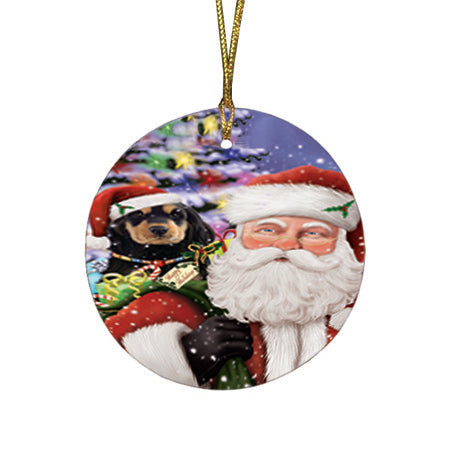 Santa Carrying Cocker Spaniel Dog and Christmas Presents Round Flat Christmas Ornament RFPOR53676