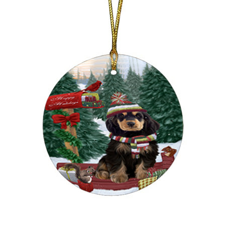 Merry Christmas Woodland Sled Cocker Spaniel Dog Round Flat Christmas Ornament RFPOR55269