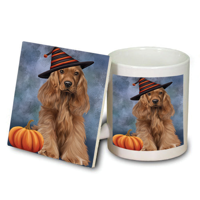 Happy Halloween Cocker Spaniel Dog Wearing Witch Hat with Pumpkin Mug and Coaster Set MUC54755