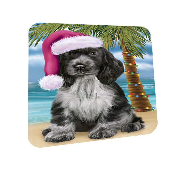 Summertime Happy Holidays Christmas Cocker Spaniel Dog on Tropical Island Beach Coasters Set of 4 CST54384