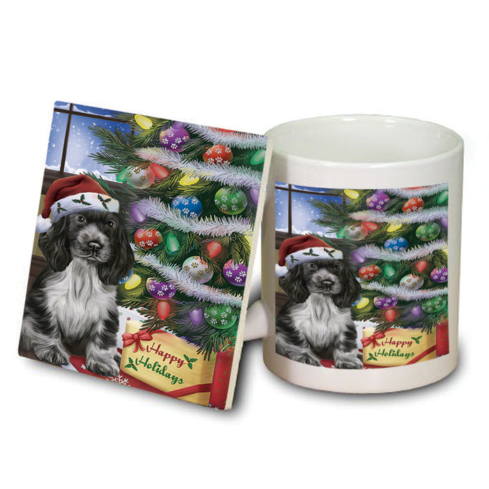 Christmas Happy Holidays Cocker Spaniel Dog with Tree and Presents Mug and Coaster Set MUC53447