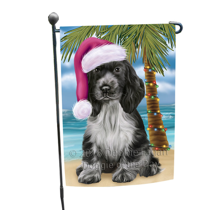Summertime Happy Holidays Christmas Cocker Spaniel Dog on Tropical Island Beach Garden Flag GFLG54616
