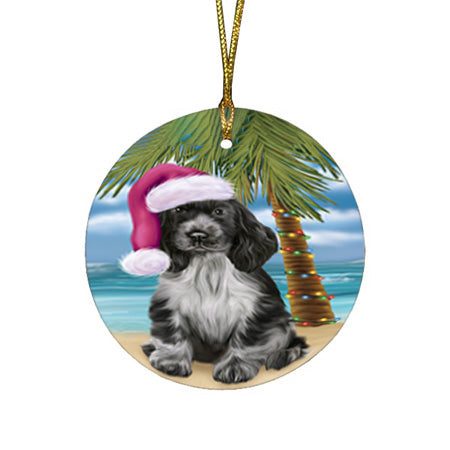 Summertime Happy Holidays Christmas Cocker Spaniel Dog on Tropical Island Beach Round Flat Christmas Ornament RFPOR54545