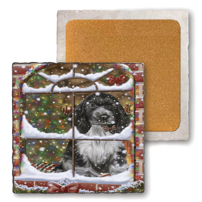 Please Come Home For Christmas Cocker Spaniel Dog Sitting In Window Set of 4 Natural Stone Marble Tile Coasters MCST48628