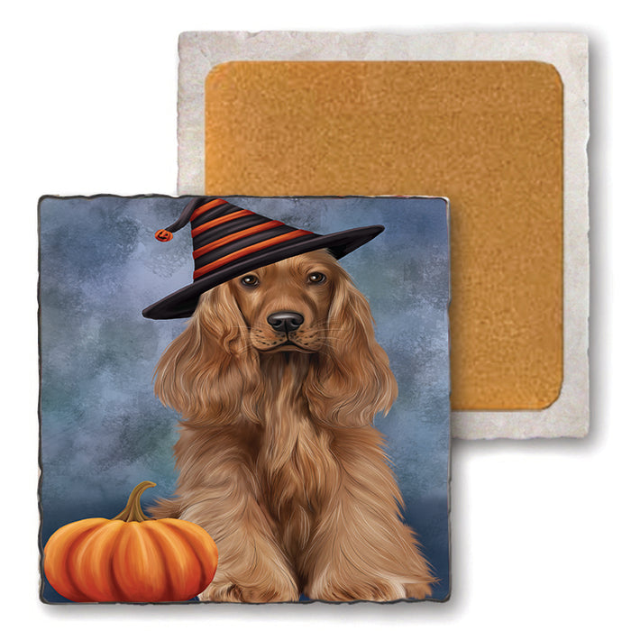 Happy Halloween Cocker Spaniel Dog Wearing Witch Hat with Pumpkin Set of 4 Natural Stone Marble Tile Coasters MCST49763