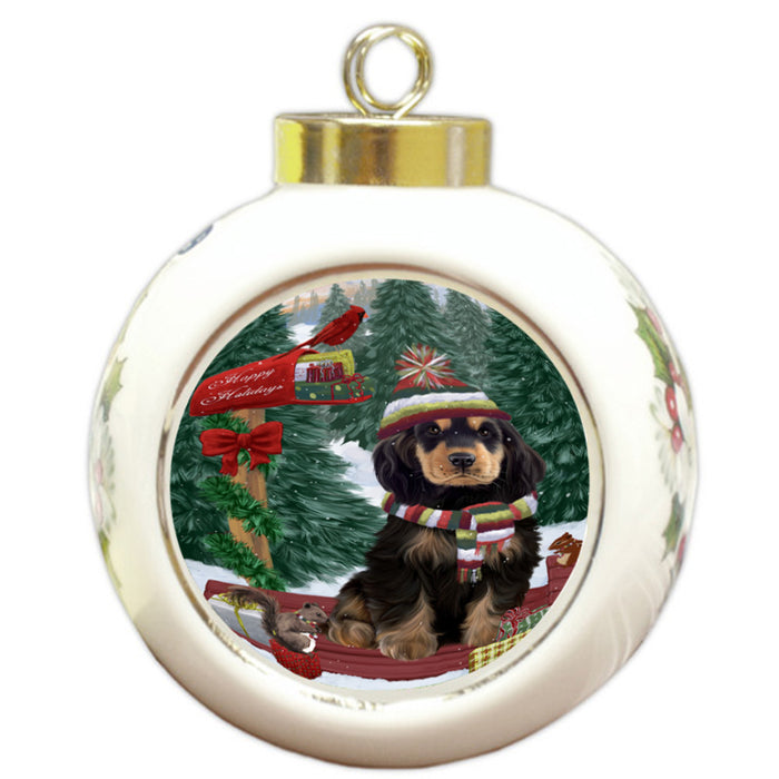 Merry Christmas Woodland Sled Cocker Spaniel Dog Round Ball Christmas Ornament RBPOR55269