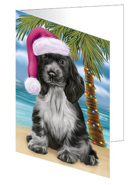 Summertime Happy Holidays Christmas Cocker Spaniel Dog on Tropical Island Beach Handmade Artwork Assorted Pets Greeting Cards and Note Cards with Envelopes for All Occasions and Holiday Seasons GCD67691