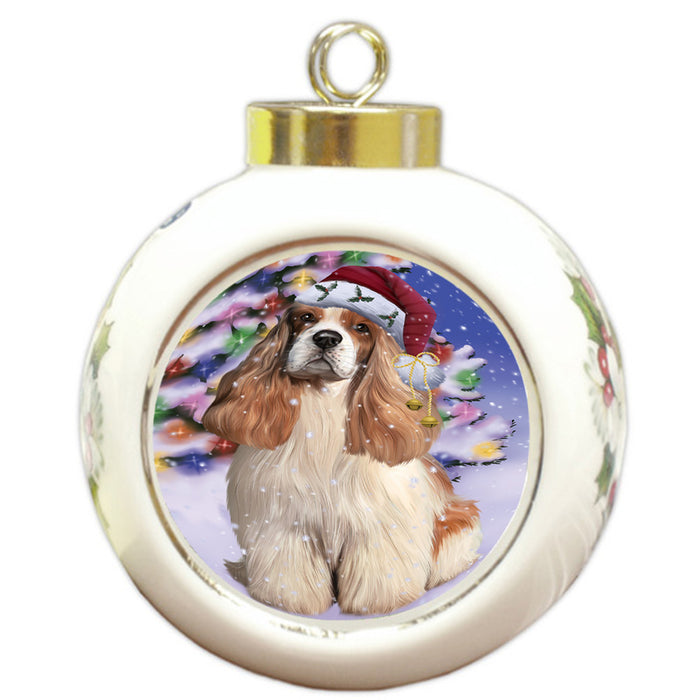 Winterland Wonderland Cocker Spaniel Dog In Christmas Holiday Scenic Background Round Ball Christmas Ornament RBPOR53749