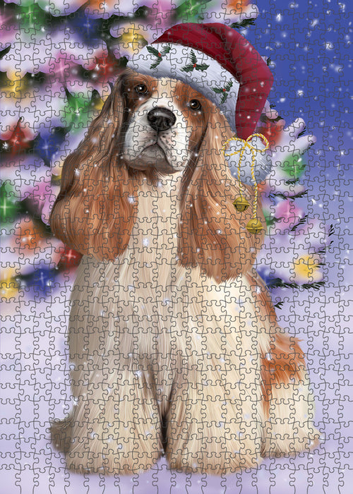 Winterland Wonderland Cocker Spaniel Dog In Christmas Holiday Scenic Background Puzzle with Photo Tin PUZL82152