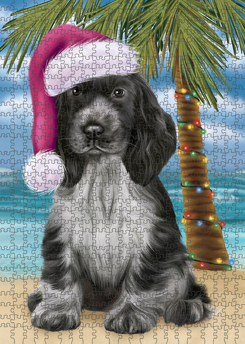 Summertime Happy Holidays Christmas Cocker Spaniel Dog on Tropical Island Beach Puzzle with Photo Tin PUZL85372