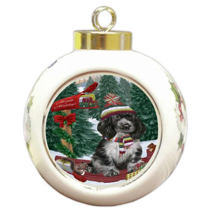 Merry Christmas Woodland Sled Cocker Spaniel Dog Round Ball Christmas Ornament RBPOR55270