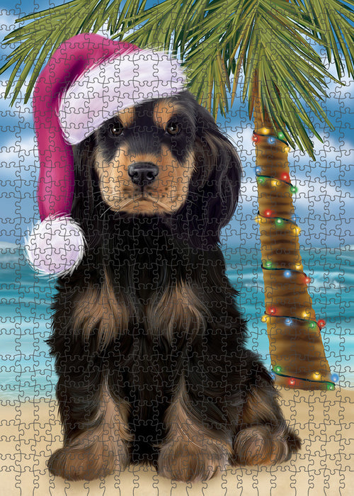 Summertime Happy Holidays Christmas Cocker Spaniel Dog on Tropical Island Beach Puzzle with Photo Tin PUZL85376