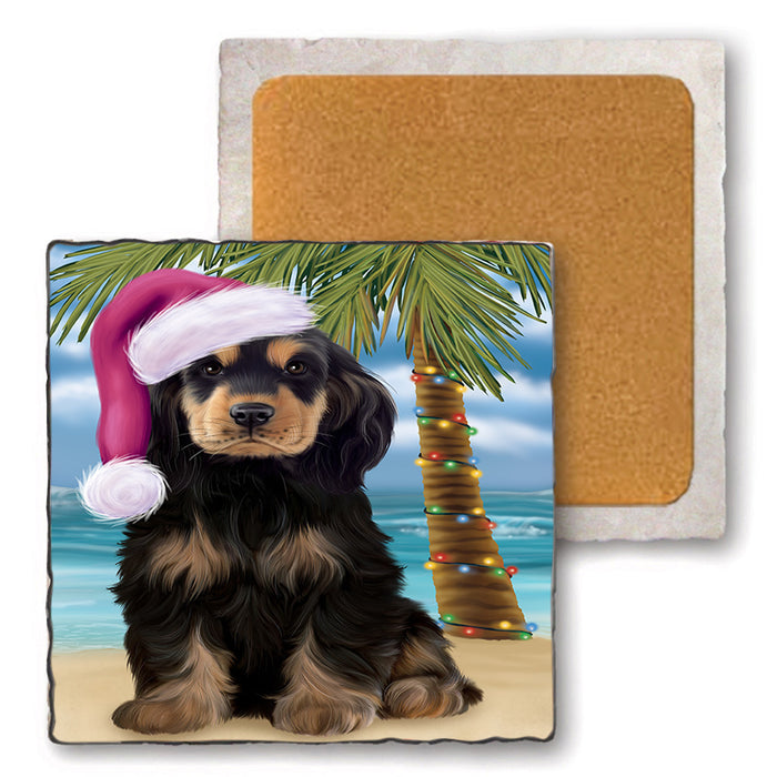 Summertime Happy Holidays Christmas Cocker Spaniel Dog on Tropical Island Beach Set of 4 Natural Stone Marble Tile Coasters MCST49427