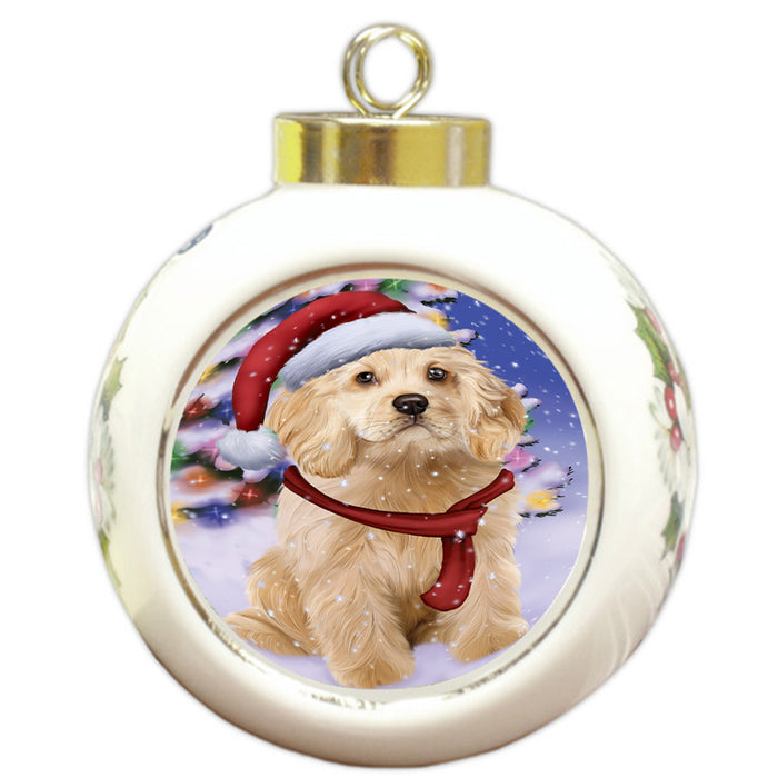 Winterland Wonderland Cocker Spaniel Dog In Christmas Holiday Scenic Background Round Ball Christmas Ornament RBPOR53750