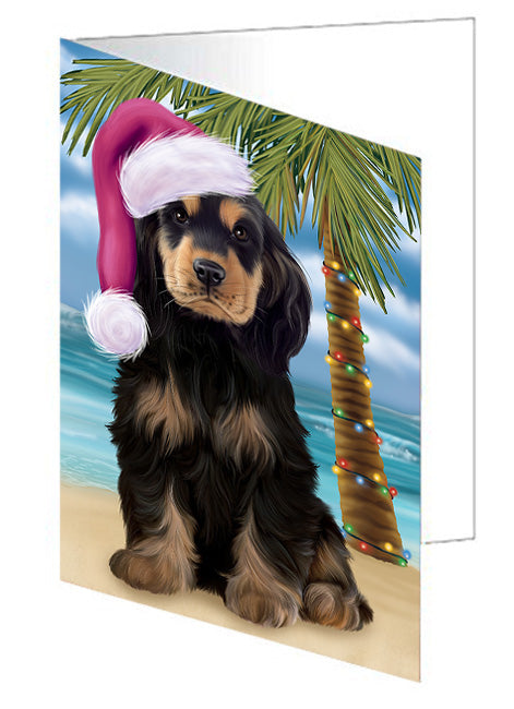 Summertime Happy Holidays Christmas Cocker Spaniel Dog on Tropical Island Beach Handmade Artwork Assorted Pets Greeting Cards and Note Cards with Envelopes for All Occasions and Holiday Seasons GCD67694