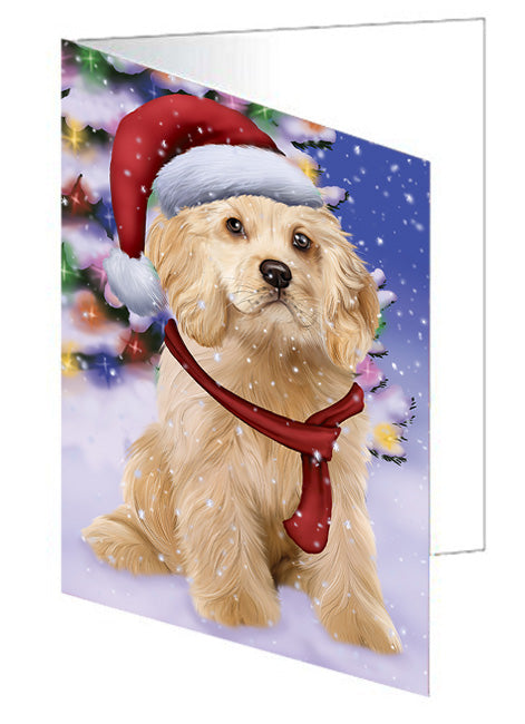 Winterland Wonderland Cocker Spaniel Dog In Christmas Holiday Scenic Background Handmade Artwork Assorted Pets Greeting Cards and Note Cards with Envelopes for All Occasions and Holiday Seasons GCD65279