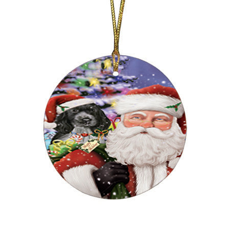 Santa Carrying Cocker Spaniel Dog and Christmas Presents Round Flat Christmas Ornament RFPOR53677