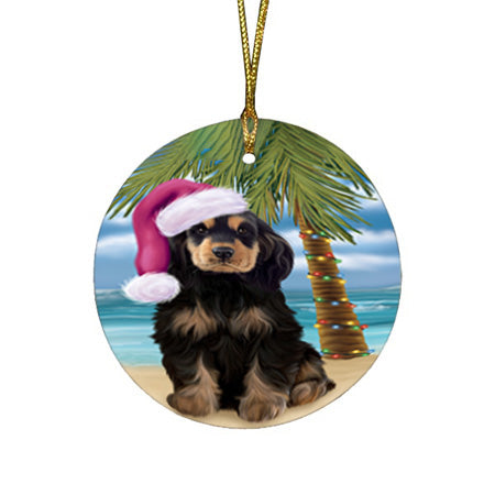 Summertime Happy Holidays Christmas Cocker Spaniel Dog on Tropical Island Beach Round Flat Christmas Ornament RFPOR54546