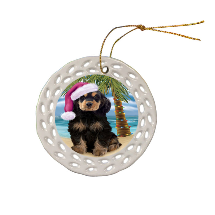 Summertime Happy Holidays Christmas Cocker Spaniel Dog on Tropical Island Beach Ceramic Doily Ornament DPOR54555