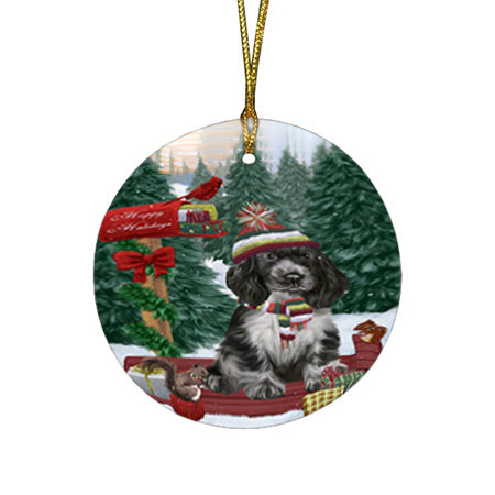 Merry Christmas Woodland Sled Cocker Spaniel Dog Round Flat Christmas Ornament RFPOR55270