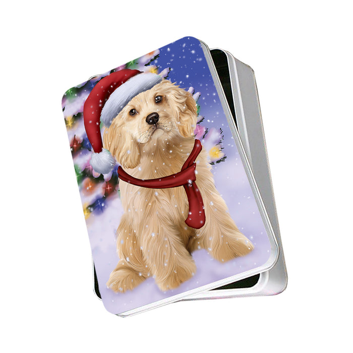 Winterland Wonderland Cocker Spaniel Dog In Christmas Holiday Scenic Background Photo Storage Tin PITN53693
