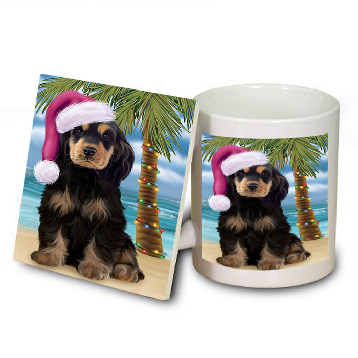 Summertime Happy Holidays Christmas Cocker Spaniel Dog on Tropical Island Beach Mug and Coaster Set MUC54419