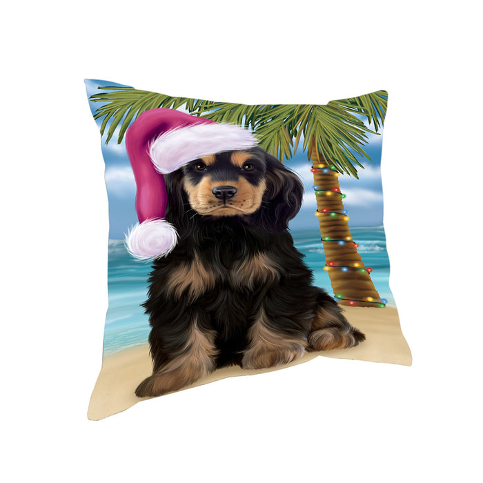 Summertime Happy Holidays Christmas Cocker Spaniel Dog on Tropical Island Beach Pillow PIL74844