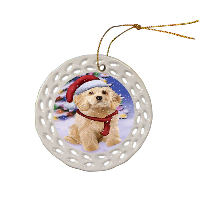 Winterland Wonderland Cocker Spaniel Dog In Christmas Holiday Scenic Background Ceramic Doily Ornament DPOR53750