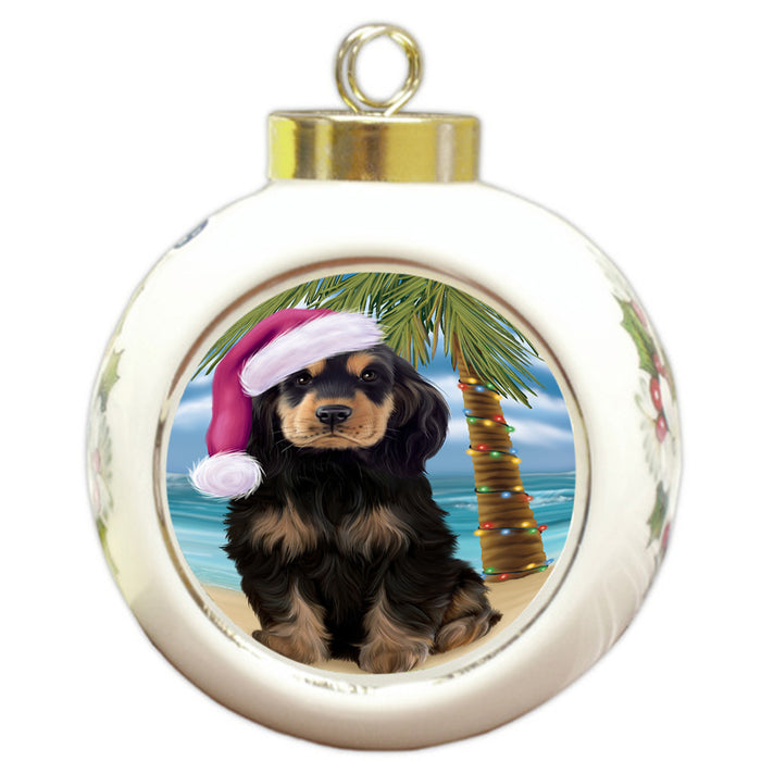 Summertime Happy Holidays Christmas Cocker Spaniel Dog on Tropical Island Beach Round Ball Christmas Ornament RBPOR54555