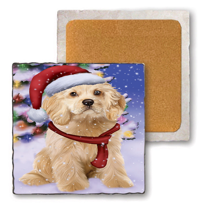 Winterland Wonderland Cocker Spaniel Dog In Christmas Holiday Scenic Background Set of 4 Natural Stone Marble Tile Coasters MCST48750