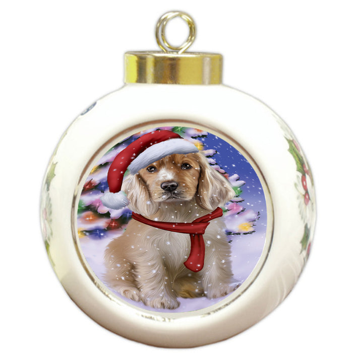 Winterland Wonderland Cocker Spaniel Dog In Christmas Holiday Scenic Background Round Ball Christmas Ornament RBPOR53751